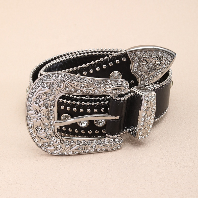 wholesale Luxury Western Cowboy Buckle Studded Rhinestone belts  PU leather diamond bling bling belts bb simon men  belt