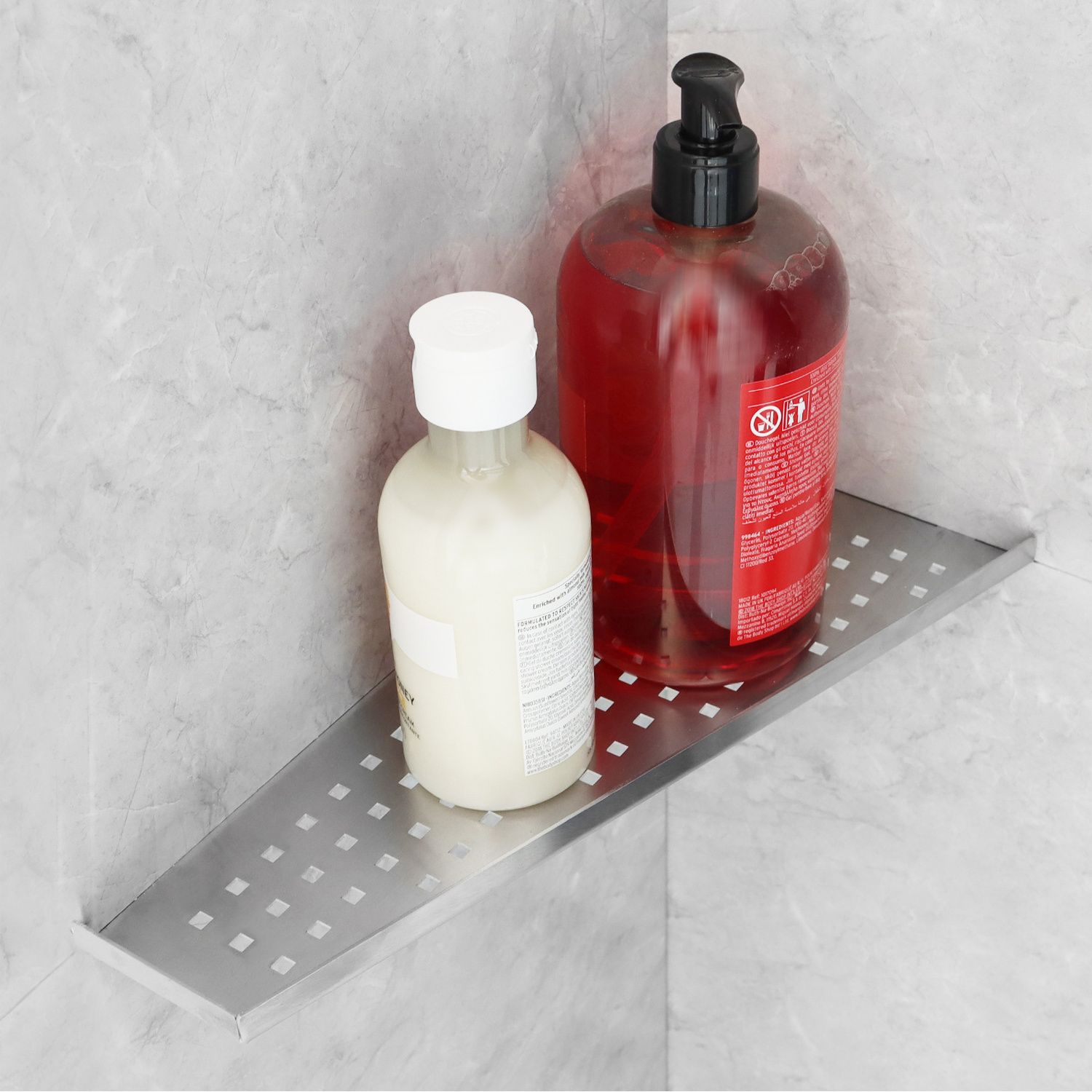 Brushed Stainless Steel Bathroom Floating Shower Shelf Recessed Corner Shelf without Drilling