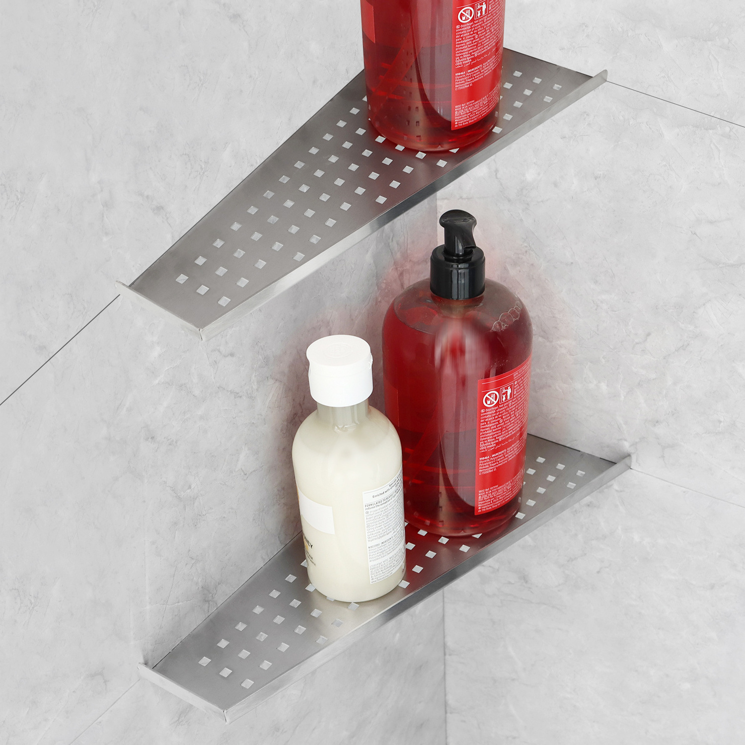 Brushed Stainless Steel Bathroom Floating Shower Shelf Recessed Corner Shelf without Drilling