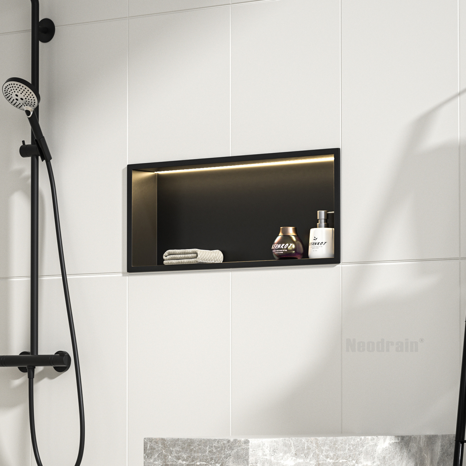 NEODRAIN No Tile Needed Matte Black Shower Niche LED Lit Wall Embedded Elegance for Bathroom