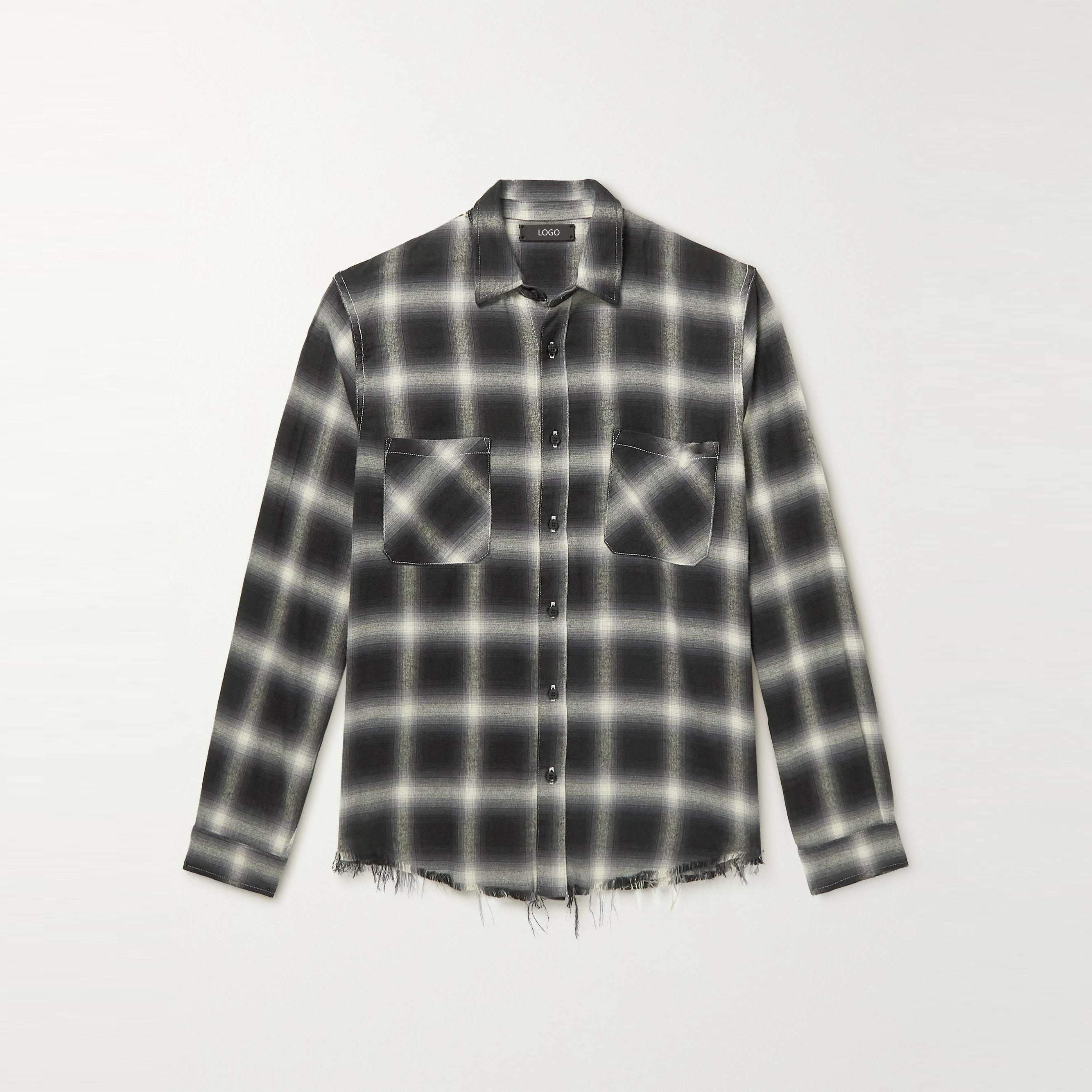 Custom Flannel Shirt Raw Edge Long Sleeve Cotton Distressed Fashion Plaid Jacket Button Down Plaid Flannel Shirt