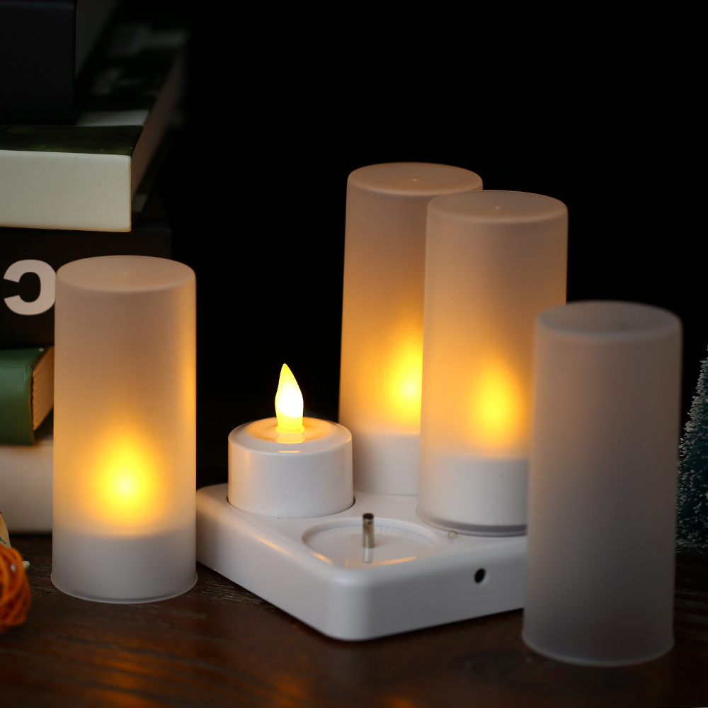 4Pcs Realistic Bright Flameless Led Tealight Candle Battery Light Up Candle With Frosted Cups Rechargeable Led Tealight Candles