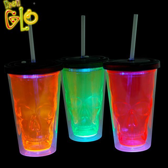 LED Flashing Skull Cup Light Up Double Wall Tumbler with Straw