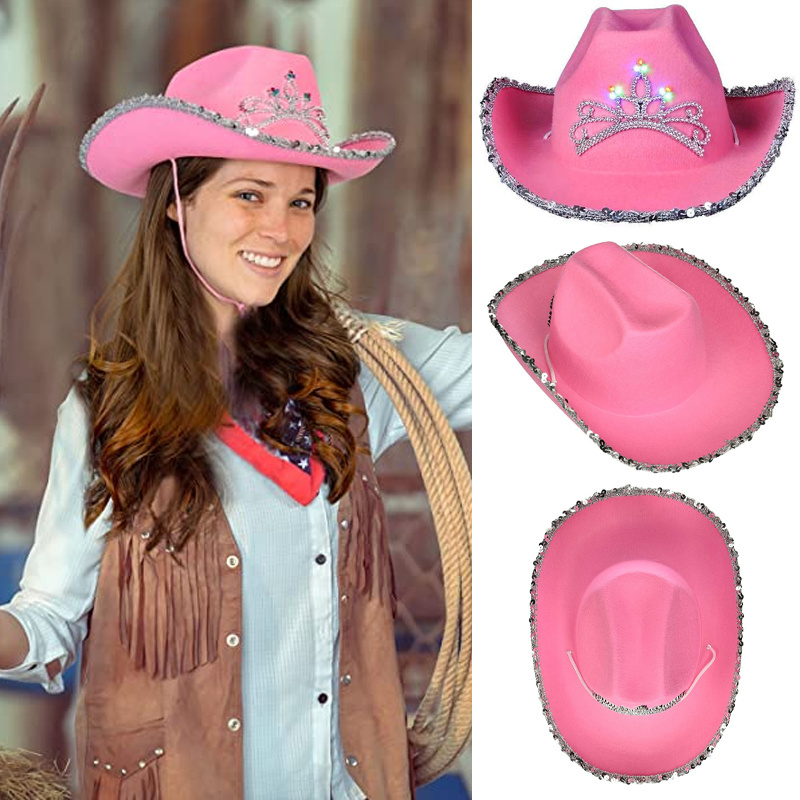 Pink Cow Print Carnival Party Led Lighted Quality Neon - Glo That Light Up Rave Festival China Promo Cowboy Hat With Crown