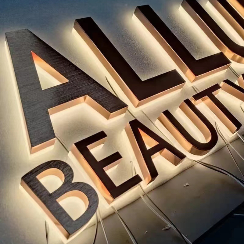 Acrylic White Logo With Led Light. Golden Mirror Letters, Business Signs For Beauty Salon, Boutique, Barber Shop