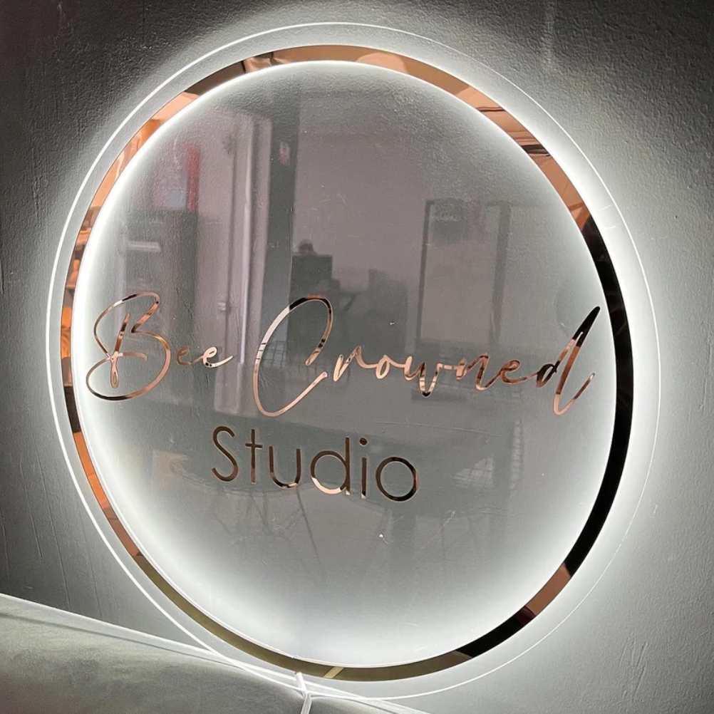 Acrylic White Logo With Led Light. Golden Mirror Letters, Business Signs For Beauty Salon, Boutique, Barber Shop