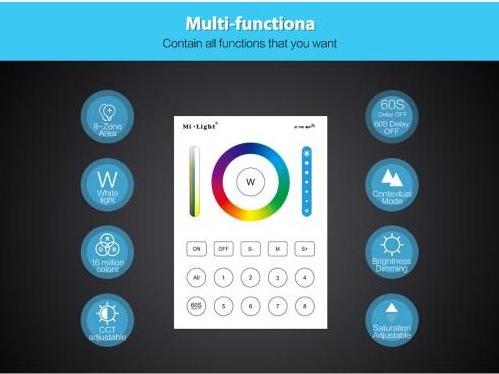 MiLight RGB CCT Wifi 2.4G 8Zone RF Dimmer FUT089 B8 Touch Panel Wall Mounted Rgbw LS2 5in Remote Controller for Led Strip Light