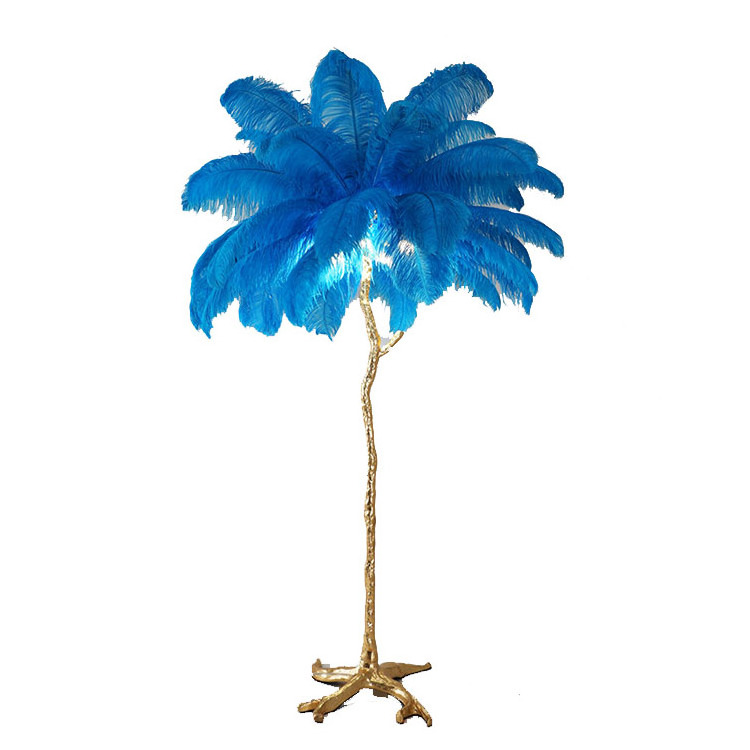 Home Hotel Decorative Modern Ostrich Feather Standing Light, Nordic Copper Palm Tree Floor Lamp