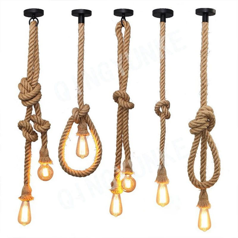 Retro Hemp Rope Pendant Lights Industrial Rattan Hanging Lamp with Edison Led Bulbs