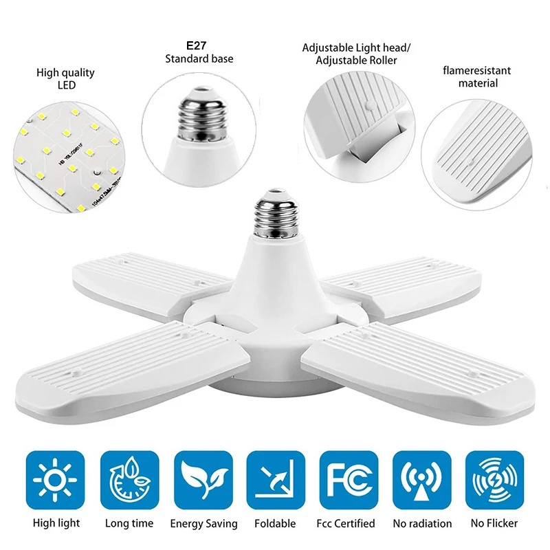 E27 Bulb Fan Blade Timing 28W Foldable Led Ceiling Garage Light