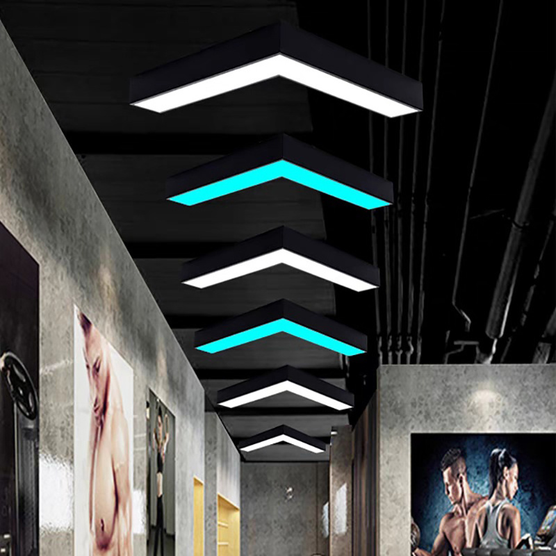 Neonlap Customized Modern V-shaped Design Commercial Chandelier Office Linear Hanging Lights Blue Light Gym Arrow Pendant Light