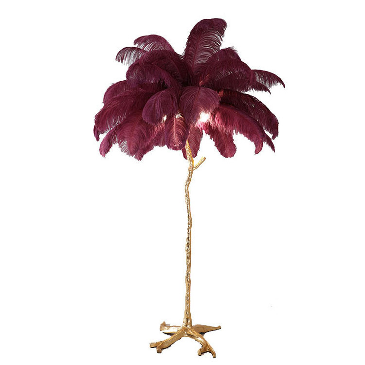 Home Hotel Decorative Modern Ostrich Feather Standing Light, Nordic Copper Palm Tree Floor Lamp