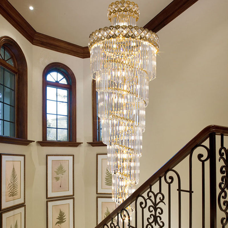 Neonlap Modern Staircase Spiral Crystal Large Pendant Lighting Gold Black Long Chandeliers Brass