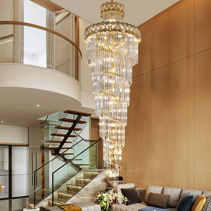 Neonlap Modern Staircase Spiral Crystal Large Pendant Lighting Gold Black Long Chandeliers Brass