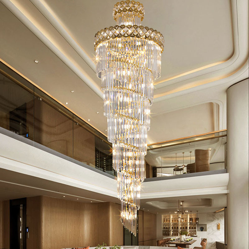 Neonlap Modern Staircase Spiral Crystal Large Pendant Lighting Gold Black Long Chandeliers Brass