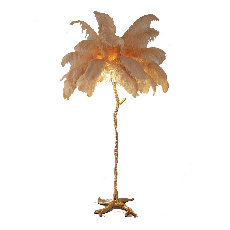 Home Hotel Decorative Modern Ostrich Feather Standing Light, Nordic Copper Palm Tree Floor Lamp