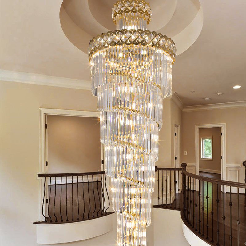 Neonlap Modern Staircase Spiral Crystal Large Pendant Lighting Gold Black Long Chandeliers Brass