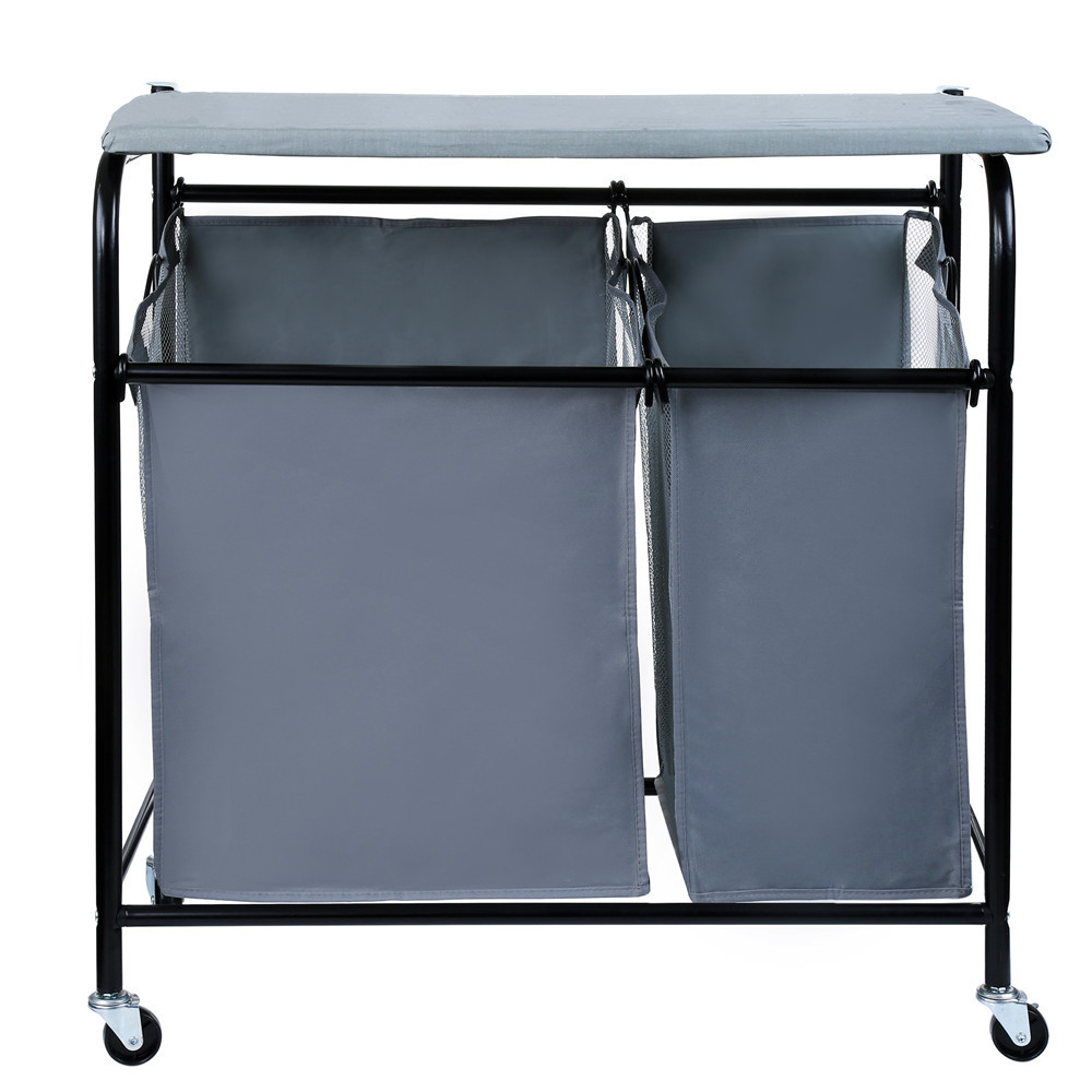 Factory Direct Collapsible Double Bags Laundry Sorter Cart With Ironing Board Laundry Basket On Wheels