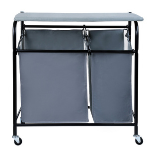 Factory Direct Collapsible Double Bags Laundry Sorter Cart With Ironing Board Laundry Basket On Wheels