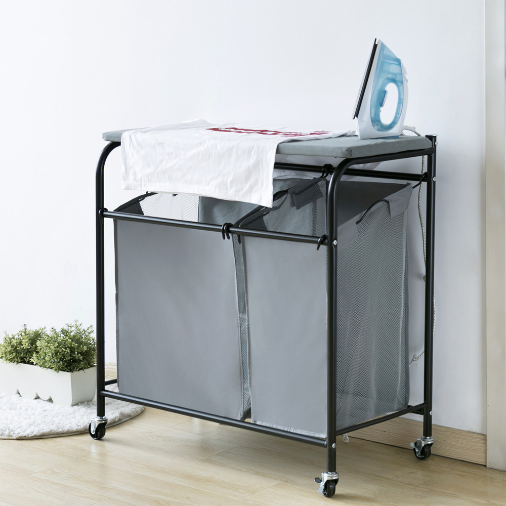 Factory Direct Collapsible Double Bags Laundry Sorter Cart With Ironing Board Laundry Basket On Wheels