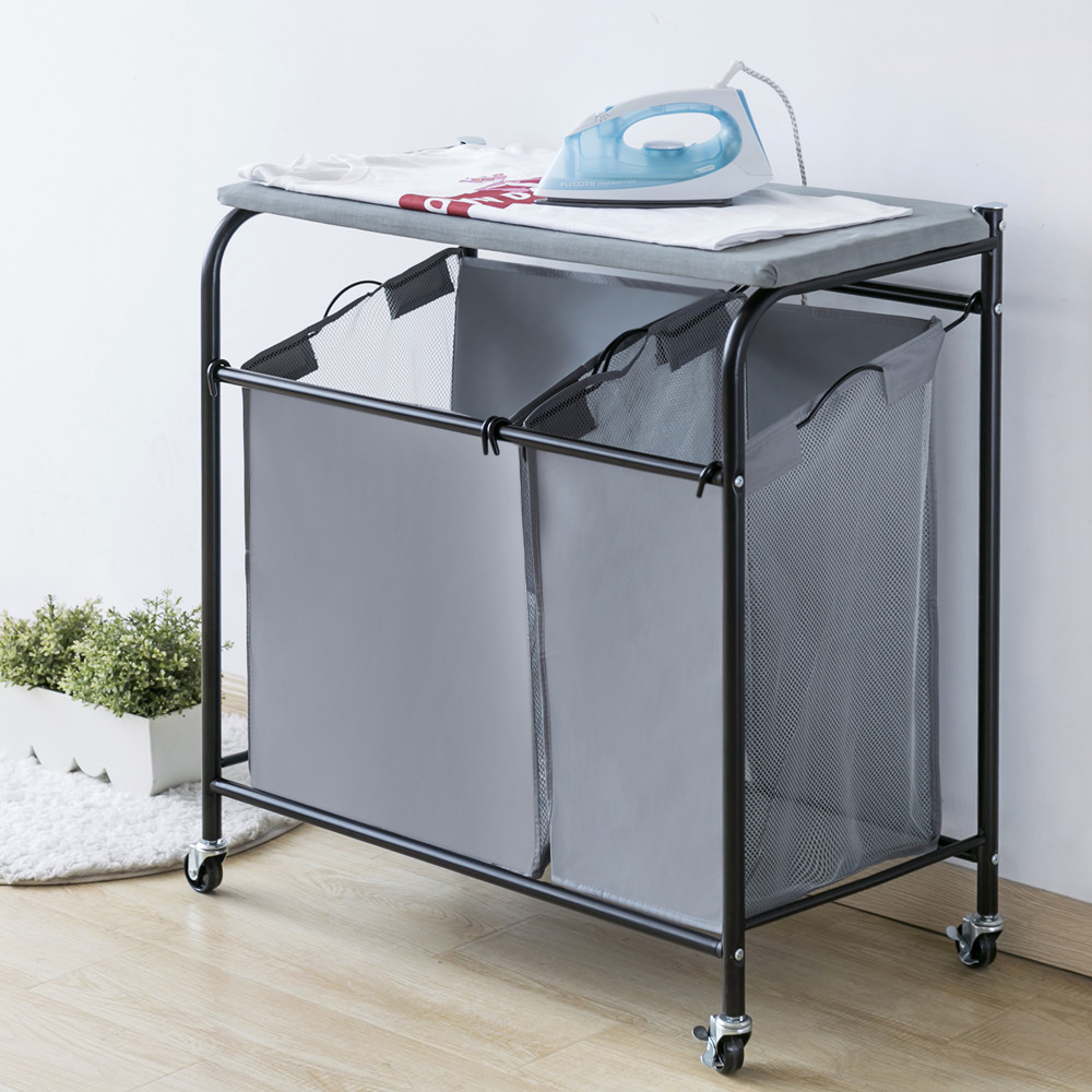 Factory Direct Collapsible Double Bags Laundry Sorter Cart With Ironing Board Laundry Basket On Wheels