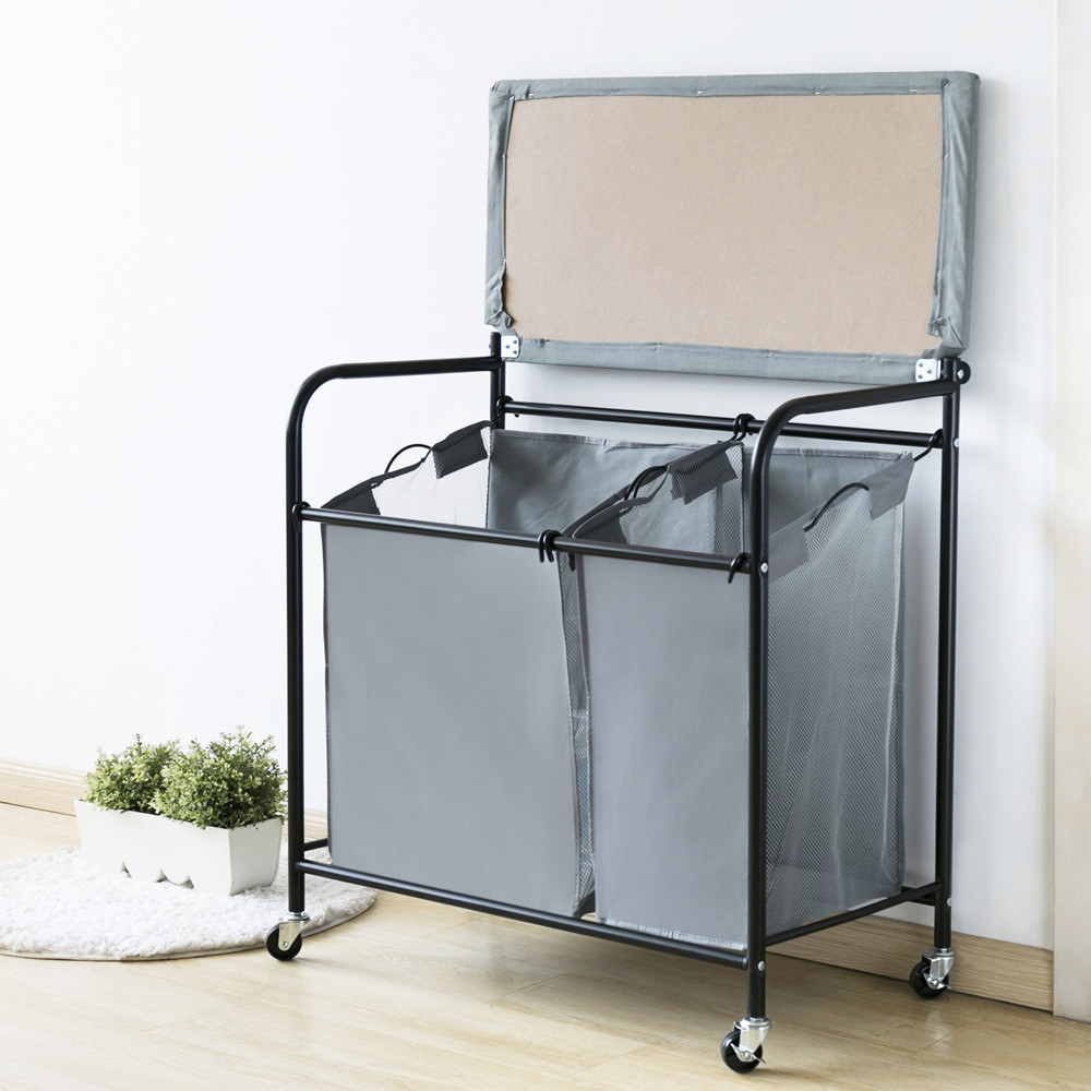 Factory Direct Collapsible Double Bags Laundry Sorter Cart With Ironing Board Laundry Basket On Wheels