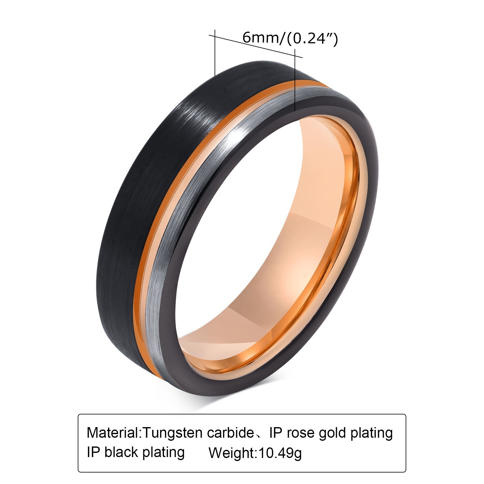 NJ Tungsten Jewelry 6mm 8mm Tungsten Carbide Brushed Mens Black And Rose Gold Wedding Bands