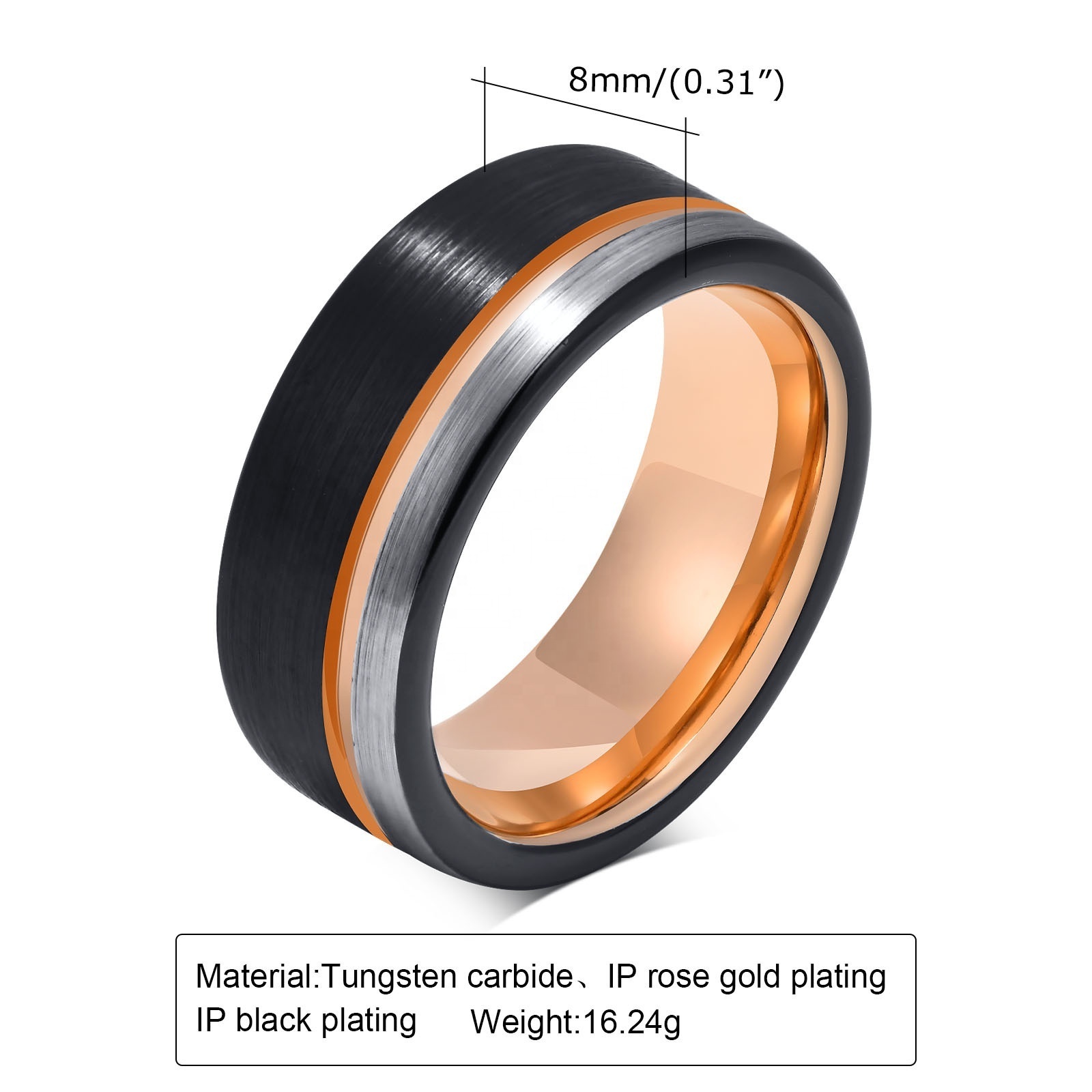 NJ Tungsten Jewelry 6mm 8mm Tungsten Carbide Brushed Mens Black And Rose Gold Wedding Bands