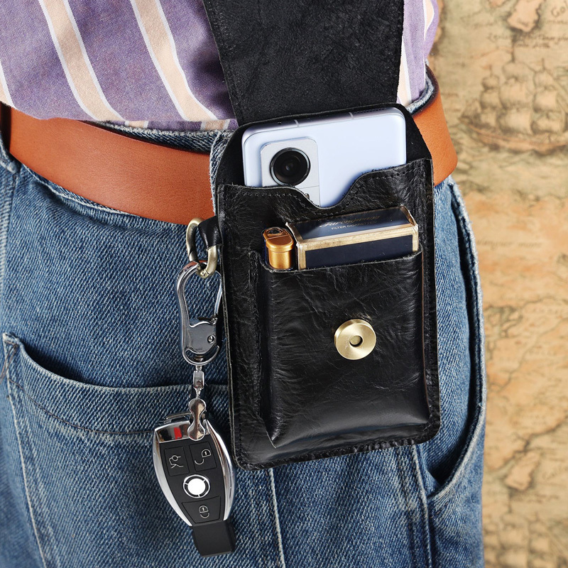 Wholesale crazy horse Phone men utility belt pouch key retro Leather Fanny Pack Waist Bag with Smoke Cigarette Case Holder