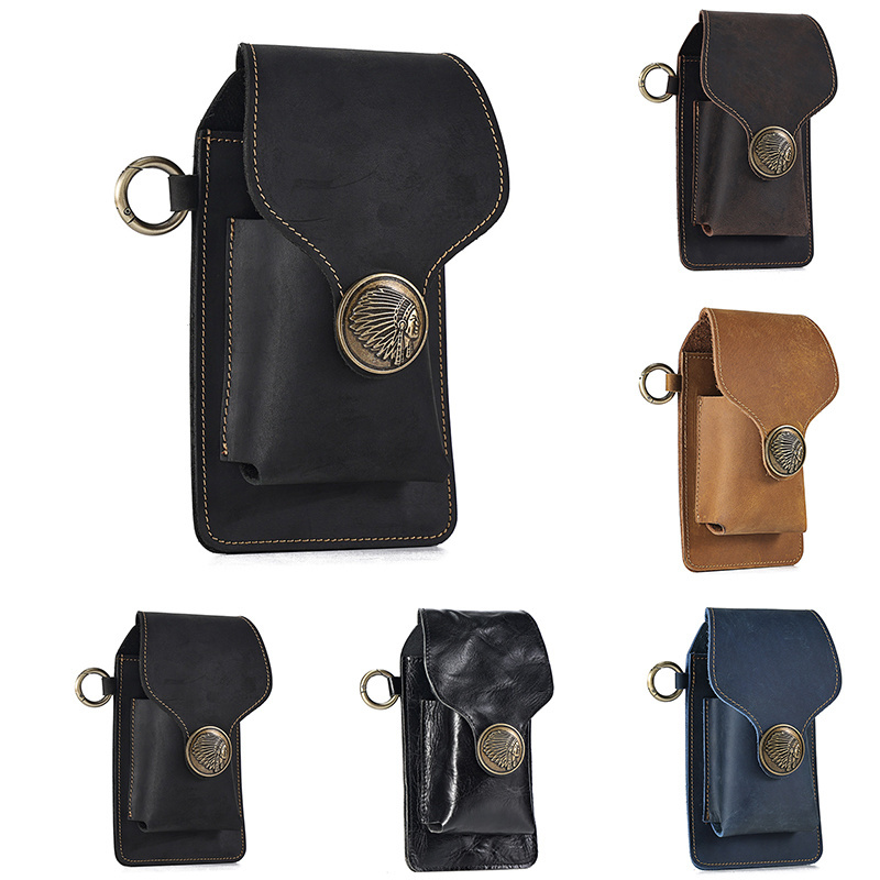 Wholesale crazy horse Phone men utility belt pouch key retro Leather Fanny Pack Waist Bag with Smoke Cigarette Case Holder