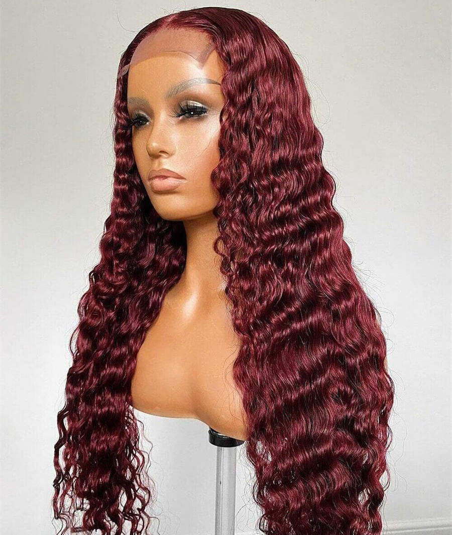 99j Burgundy Lace 40 Inch Deep Wave Frontal Wigs Red Lace Front Wig Double Drawn Human Hair Wig 12a Raw Indian Hair