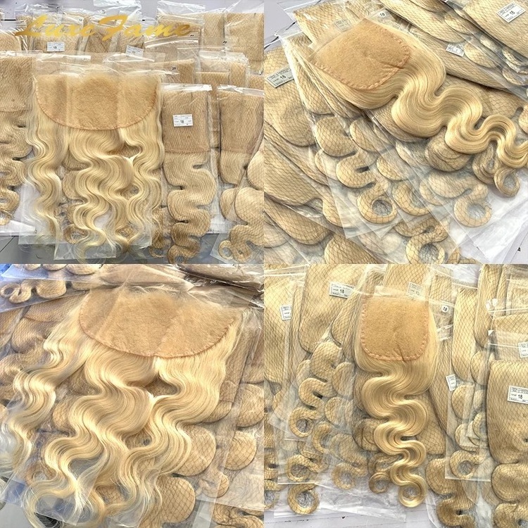 Russian Free Sample Raw Wefted Human Hair Extensions Curly Lace Closure 613 Blonde Bundles With Frontal Hair Weave Diatributors