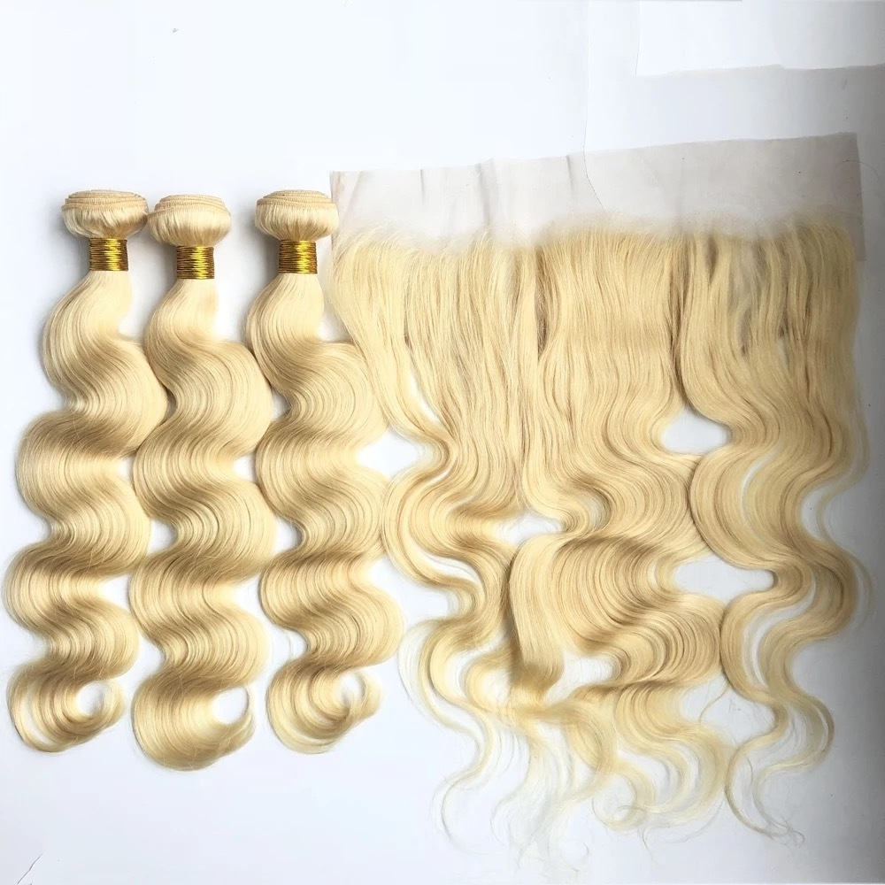 Russian Free Sample Raw Wefted Human Hair Extensions Curly Lace Closure 613 Blonde Bundles With Frontal Hair Weave Diatributors