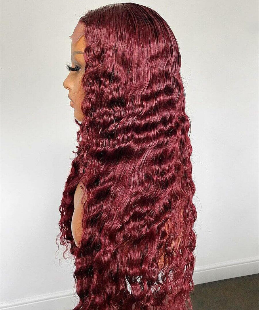 99j Burgundy Lace 40 Inch Deep Wave Frontal Wigs Red Lace Front Wig Double Drawn Human Hair Wig 12a Raw Indian Hair