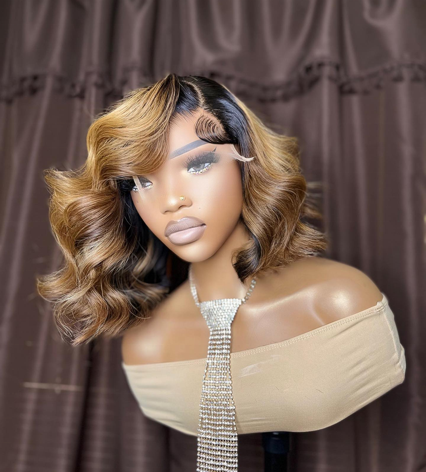 Short wigs for black women ombre blonde human hair wig highlight human hair wigs body wave glueless pre pluck