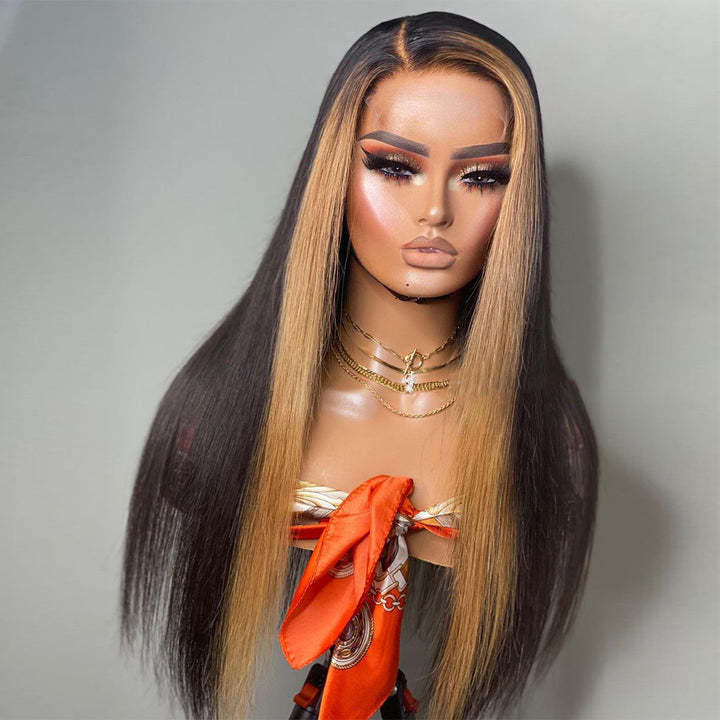 Affordable price two color ombre straight wig 100%  human hair transparent lace wigs for black women glueless