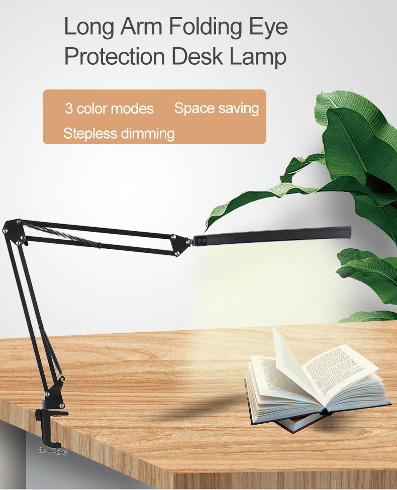 3 Color Modes 10-Level Dimmer Clamp LED Desk Lamp Swing Arm Desk lamp Adjustable Desk Light Eye-Care Table Light