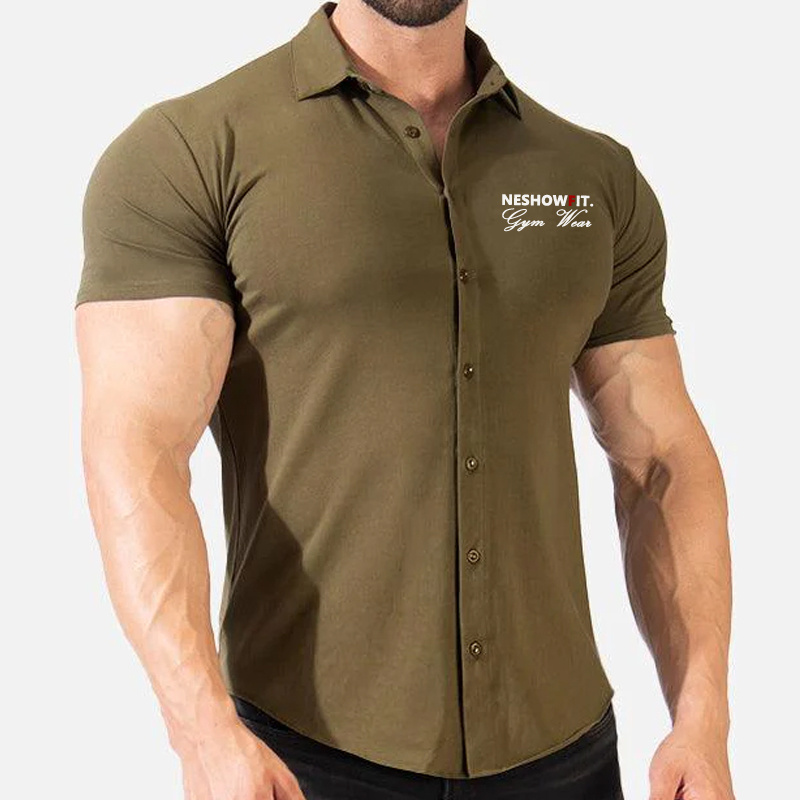 New Design Custom Summer Short Sleeve Casual Shirts Button Up Muscle Shirts Button Down Athletic Fit Cotton Men Shirt