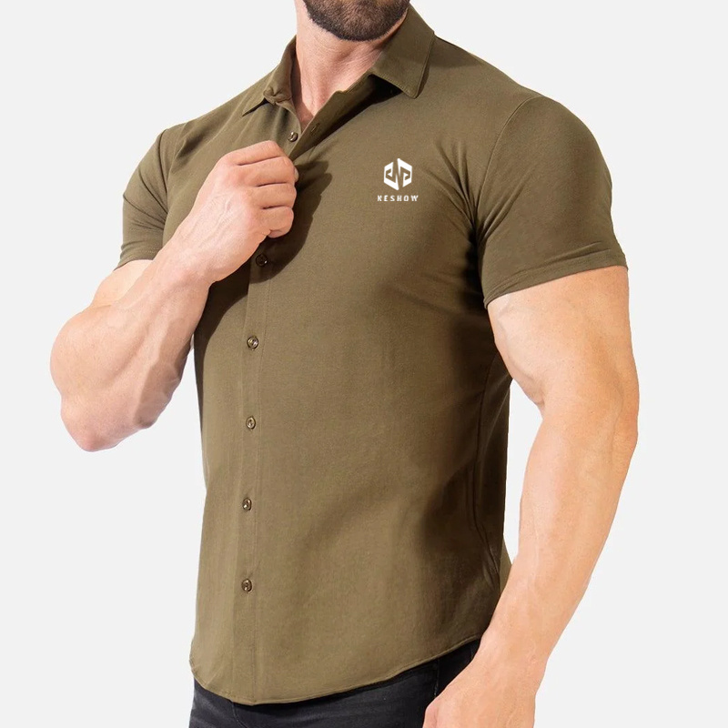 New Design Custom Summer Short Sleeve Casual Shirts Button Up Muscle Shirts Button Down Athletic Fit Cotton Men Shirt