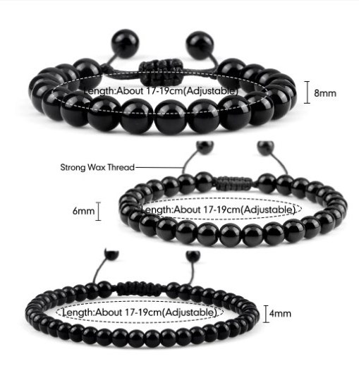 Beaded Bracelet Handmade 4 6 8mm Natural Stone Shiny Black Onyx Beads Bracelets & Bangles Adjustable Size Obsidian Wrist Jewelry