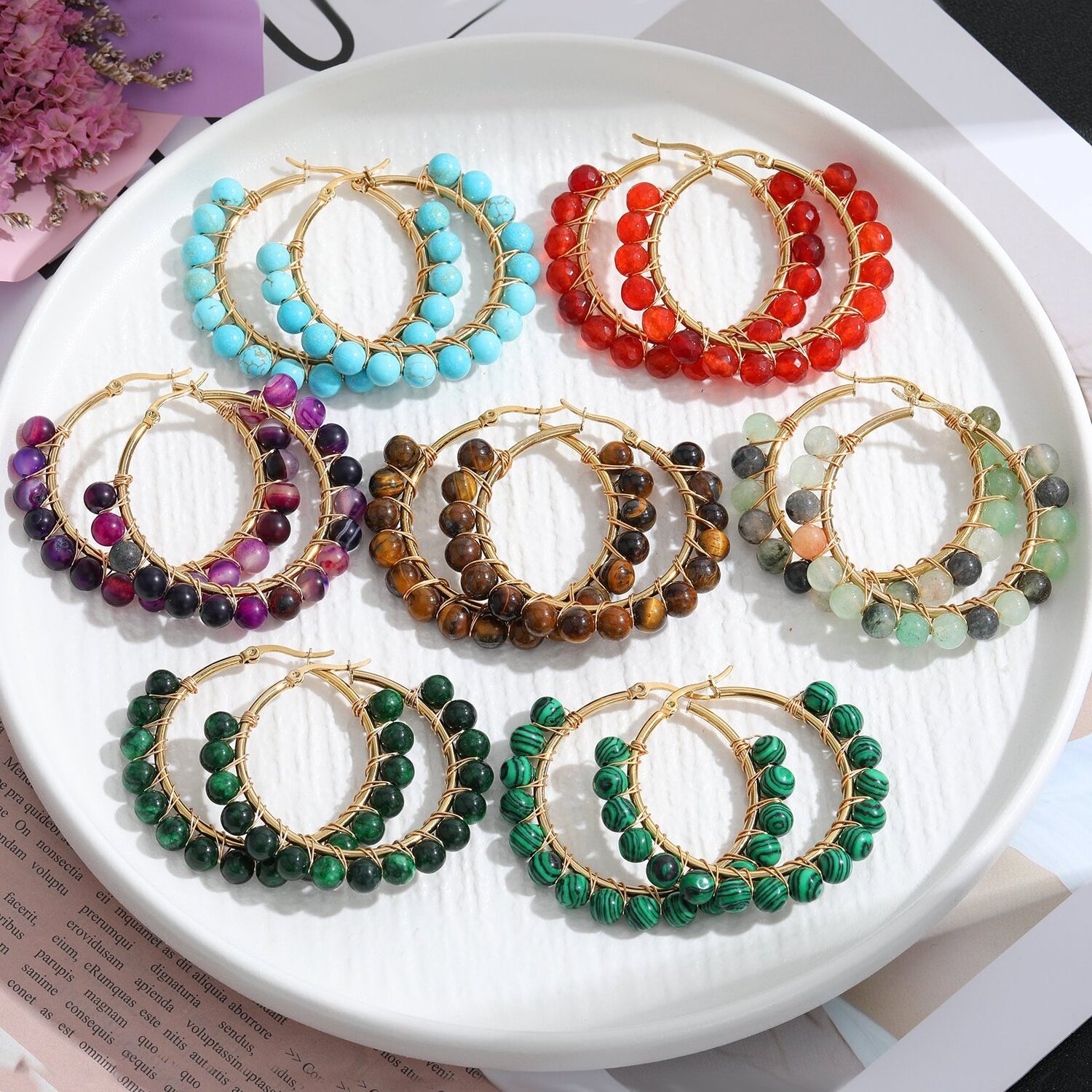 Colorful natural stone earring hoop earrings 18k gold plated hoop earrings stainless steel wholesale NS94032