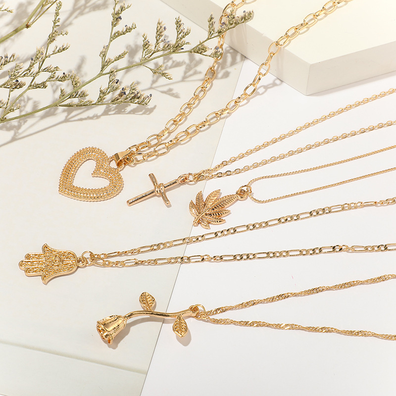 Fashion gold Layered Cross Heart Flower Necklace For Women Wholesale N99034