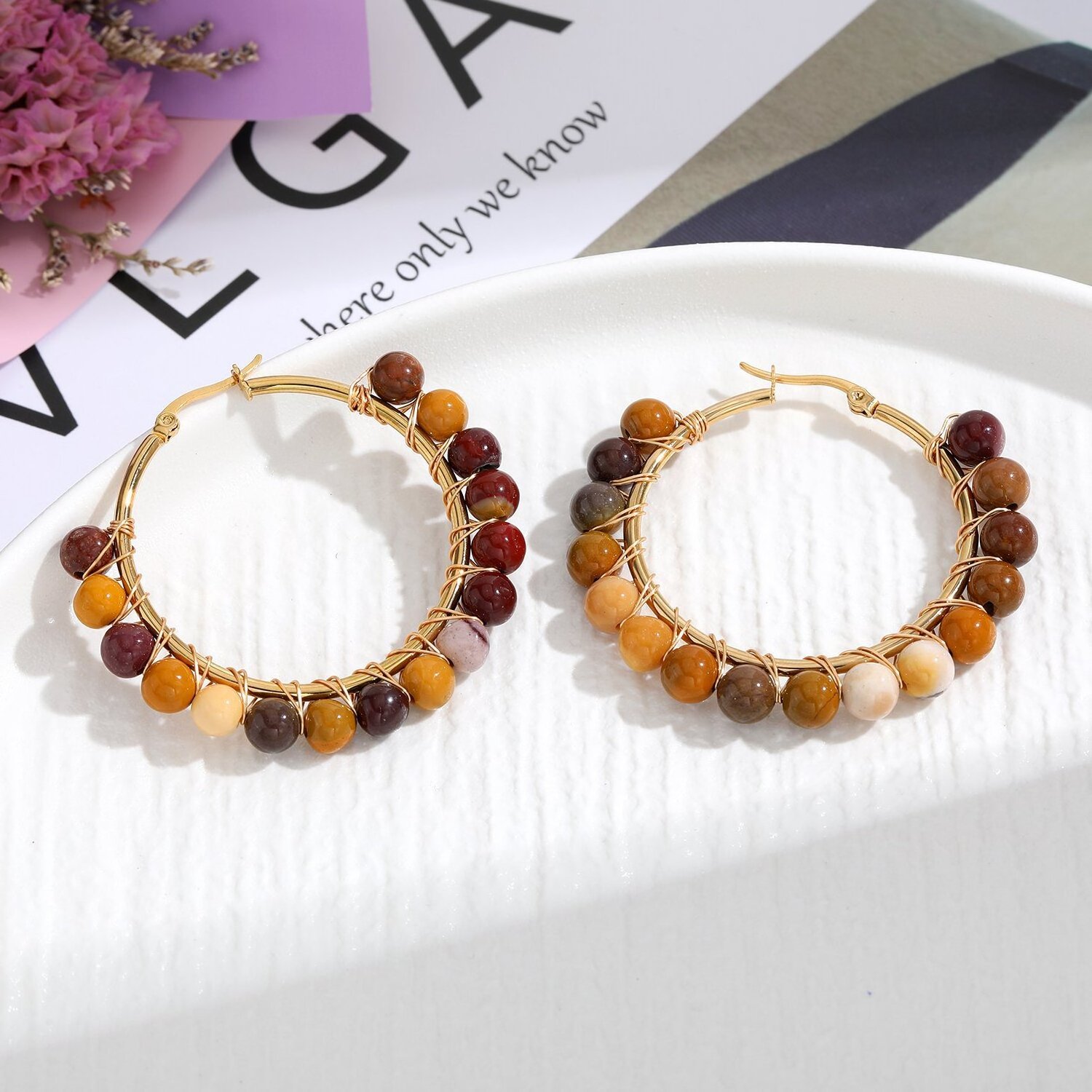 Colorful natural stone earring hoop earrings 18k gold plated hoop earrings stainless steel wholesale NS94032