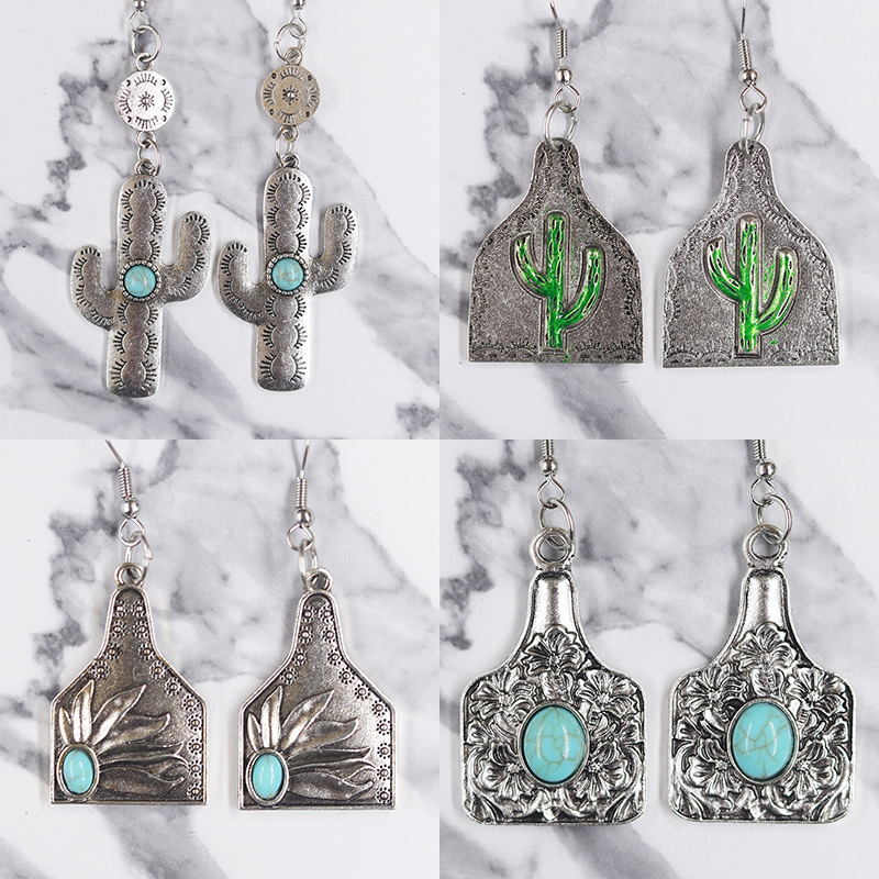 Fashion Western vintage style turquoise sunflower cactus earrings For Women wholesale N94198