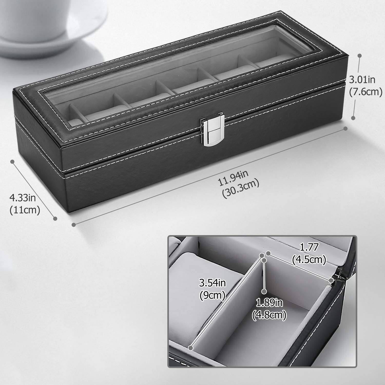 Crystal Glass Lid PU Leather Watches Display Case Storage Boxes Mens Watch Organizer 6 Slots Watch Box for Men