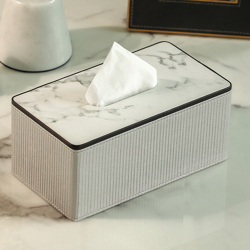 MAVOBO Light Luxury Household Living Room Leather Tissue Paper Box Roman Column Stripe Tissue Storage Leather Tissue Box Cover