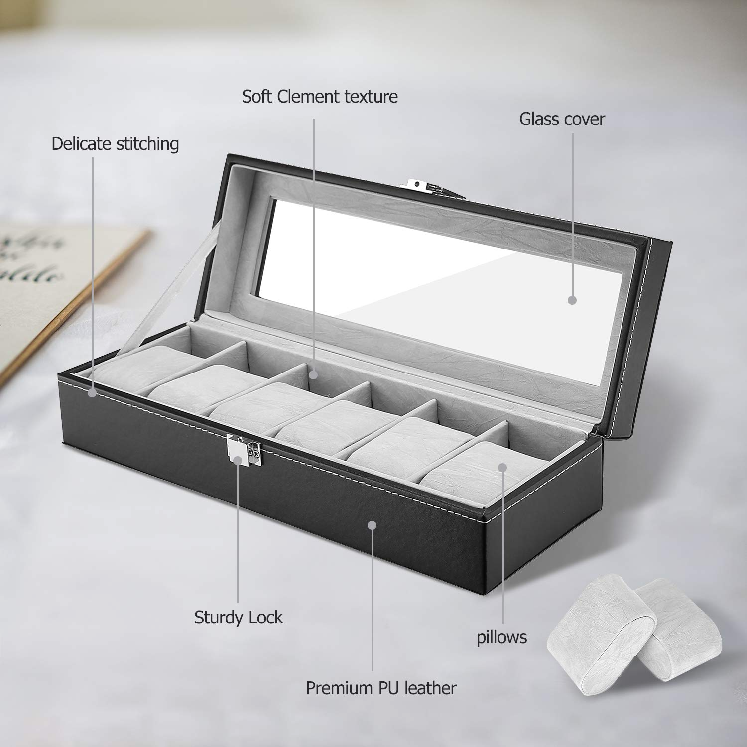 Crystal Glass Lid PU Leather Watches Display Case Storage Boxes Mens Watch Organizer 6 Slots Watch Box for Men