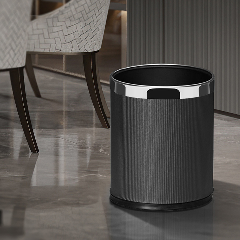 MAVOBO 10L Stainless Steel Trash Can Leather Dustbin Double Layer Waste Garbage Bin