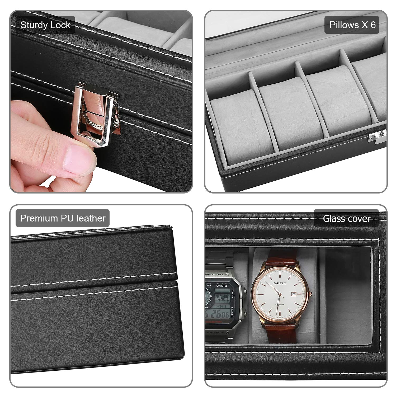 Crystal Glass Lid PU Leather Watches Display Case Storage Boxes Mens Watch Organizer 6 Slots Watch Box for Men