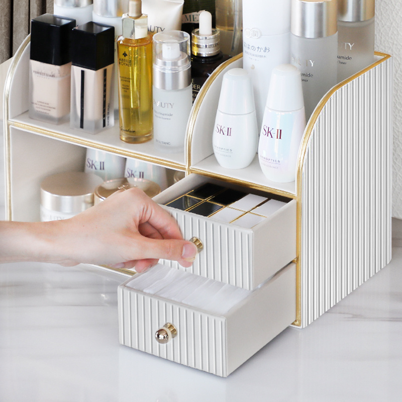 Small Bathroom Organizer Countertop for Skincare Vanity Holder for Lipstick leather Cosmetic Makeup Organize Case with Drawers